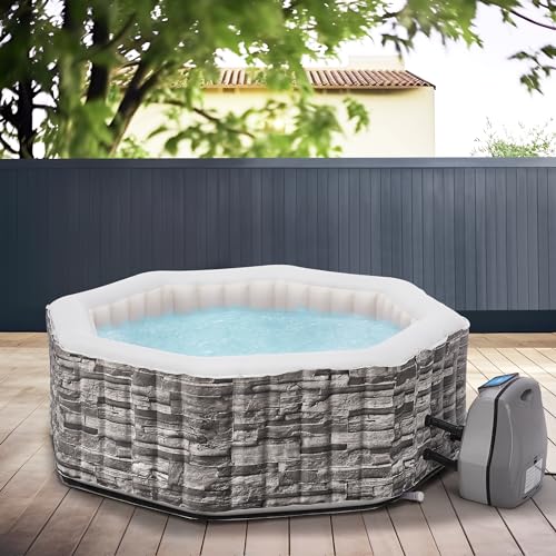 pro.tec Whirlpool aufblasbar Carosino für 5 Personen Outdoor Spa Massagebad 120 Massagedüsen Pool mit Pumpe und Filter 195 x 70 cm beheizt Gartenpool eckig Steinoptik von pro.tec