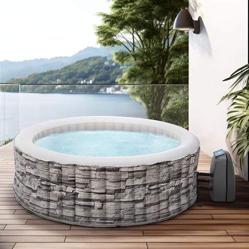 pro.tec Whirlpool aufblasbar Carosino für 6 Personen Outdoor Spa Massagebad 140 Massagedüsen Pool mit Pumpe und Filter 204 x 70 cm beheizt Gartenpool rund Steinoptik von pro.tec