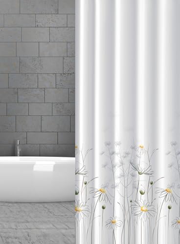 probath Textil DUSCHVORHANG 120x200 cm Weiss GELB KAMILLEN GÄNSEBLÜMCHEN INKL. DUSCHVORHANGRINGE von probath