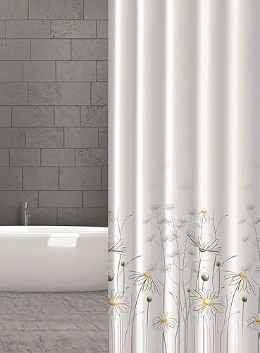 probath Textil Duschvorhang Matrix Weiss Braun Ethnic Schwarz Weiss Kamillen Gänseblümchen Weiss Gelb 8 Maße zur Wahl inkl. Ringe (Kamillen, 240x180 cm) von probath