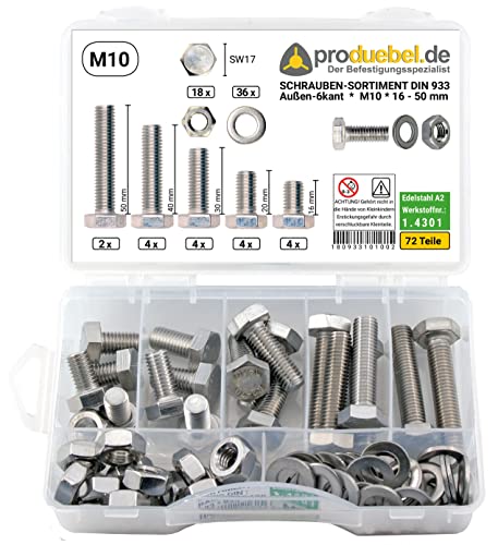 Basis Schrauben-Sortiment DIN 933 Edelstahl A2 V2A inkl. Mutter & Scheibe (DIN933+934+125) (M10 72 Teile) von produebel.de Der Befestigungsspezialist