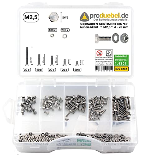 Basis Schrauben-Sortiment DIN 933 Edelstahl A2 V2A inkl. Mutter & Scheibe (DIN933+934+125) (M2,5 400 Teile) von produebel.de Der Befestigungsspezialist