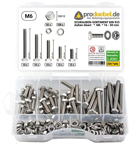 Basis Schrauben-Sortiment DIN 933 Edelstahl A2 V2A inkl. Mutter & Scheibe (DIN933+934+125) (M6 200 Teile) von produebel.de Der Befestigungsspezialist