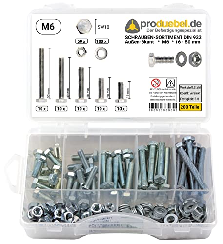 Basis Schrauben-Sortiment DIN 933 Stahl verzinkt 8.8 inkl. Mutter & Scheibe (DIN933+934+125) (M6 200 Teile) von produebel.de Der Befestigungsspezialist