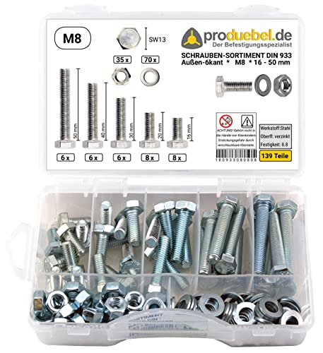 Basis Schrauben-Sortiment DIN 933 Stahl verzinkt 8.8 inkl. Mutter & Scheibe (DIN933+934+125) (M8 139 Teile) von produebel.de Der Befestigungsspezialist