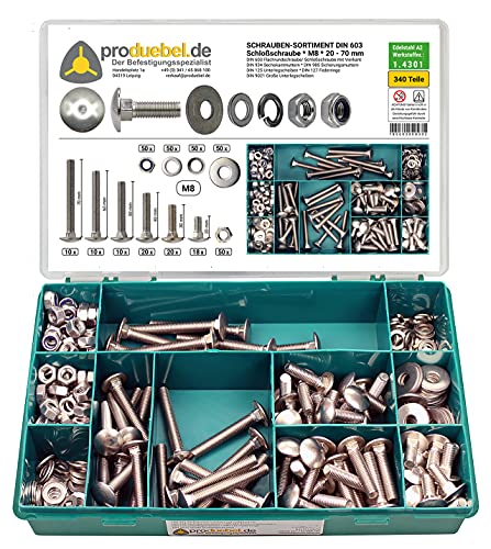 DIN 603 Flachrundschrauben-Sortiment Edelstahl A2 V2A inkl. Muttern + Scheiben + Ringe (M8 340 Teile) von produebel.de Der Befestigungsspezialist