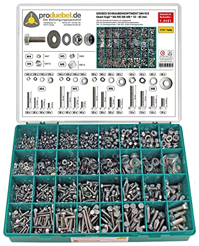 Großes Schrauben-Sortiment DIN 933 M4/M5/M6/M8 Edelstahl A4 V4A (DIN933+934+985+125+9021) 1751-tlg (Standard-Box) von produebel.de Der Befestigungsspezialist