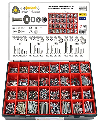 produebel.de Der Befestigungsspezialist Großes Schrauben-Sortiment DIN 933 M4/M5/M6/M8 Stahl verzinkt (DIN933+934+985+125+9021) 1751-tlg (Deluxe-Box) von produebel.de Der Befestigungsspezialist