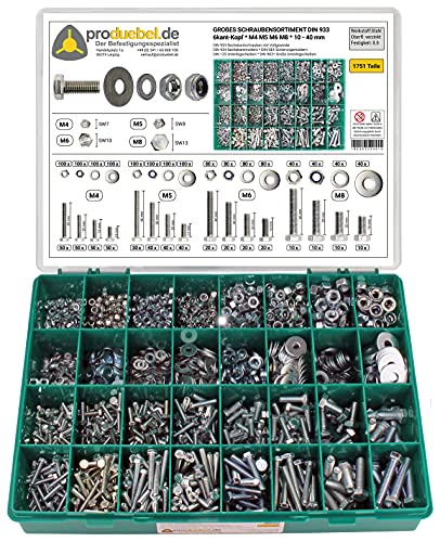 Großes Schrauben-Sortiment DIN 933 M4/M5/M6/M8 Stahl verzinkt (DIN933+934+985+125+9021) 1751-tlg (Standard-Box) von produebel.de Der Befestigungsspezialist