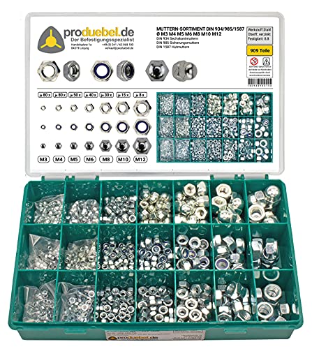 Muttern-Sortiment DIN 934/985/1587 Ø M3 - M12 * 909 Teile Ø M3 - M12 (Stahl verzinkt 8.8) von produebel.de Der Befestigungsspezialist