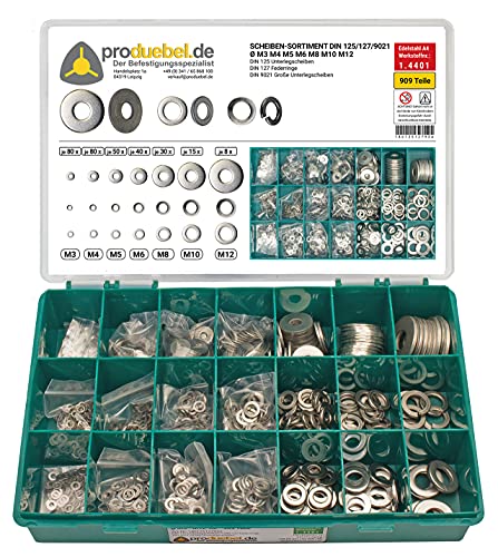 Scheiben-Sortiment DIN 125/127/9021 Ø M3 - M12 * 909 Teile Ø M3 - M12 (Edelstahl A4 V4A) von produebel.de Der Befestigungsspezialist