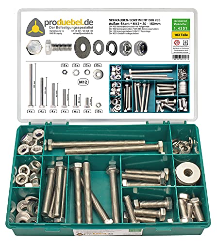 Sortiment Sechskantschraube Gewinde bis Kopf DIN 933 Edelstahl A2 V2A inkl. Schraube+Mutter+Stoppmutter+U-Scheibe+Federring+Große U-Scheibe (DIN933+934+985+125+127+9021) (M12 103 Teile) von produebel.de Der Befestigungsspezialist