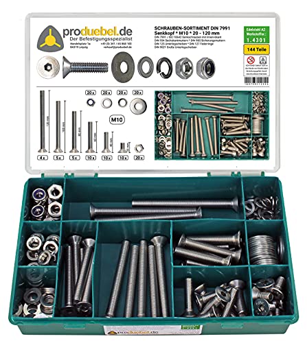 Sortiment Senkschrauben mit Innen 6-kant DIN 7991 Edelstahl A2 V2A (DIN7991+934+985+125+127+9021) (M10 144 Teile) von produebel.de Der Befestigungsspezialist