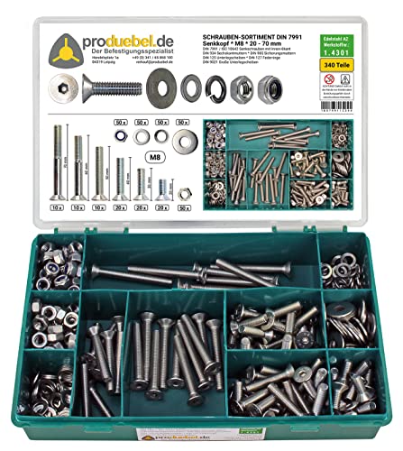 Sortiment Senkschrauben mit Innen 6-kant DIN 7991 Edelstahl A2 V2A (DIN7991+934+985+125+127+9021) (M8 340 Teile) von produebel.de Der Befestigungsspezialist