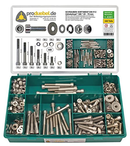 Sortiment Zylinderschrauben mit Innen 6-kant DIN 912 Edelstahl A2 V2A (DIN912+934+985+125+127+9021) (M8 340 Teile) von produebel.de Der Befestigungsspezialist
