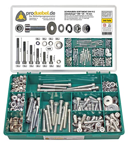 Sortiment Zylinderschrauben mit Innen 6-kant DIN 912 Stahl verzinkt (DIN912+934+985+125+127+9021) M8 340 Teile von produebel.de Der Befestigungsspezialist