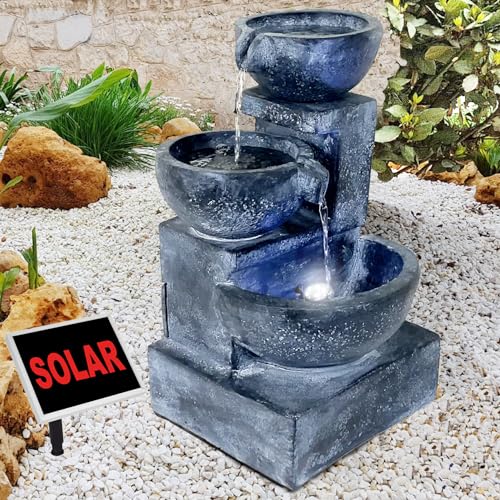 Gartenbrunnen Solarbrunnen Brunnen GRANITSCHALEN-Kaskade mit LED-Licht und Li-Ion-Akku, Vogelbad Wasserfall, Gartendeko mit Pumpe, Wasserspiel für Garten Terrasse, Balkon, Sehr Dekorativ von profi-pumpe.de