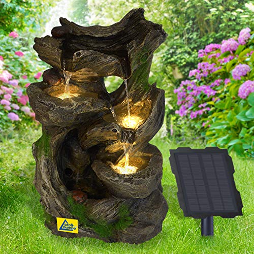 Solar Gartenbrunnen Brunnen Solarbrunnen MÄRCHENWALD mit LED-Licht, Zierbrunnen Wasserfall lichtgrau Gartenleuchte Teichpumpe für Terrasse, Balkon, mit Pumpen-instant-Start-Funktion mit Liion-Akku von profi-pumpe.de