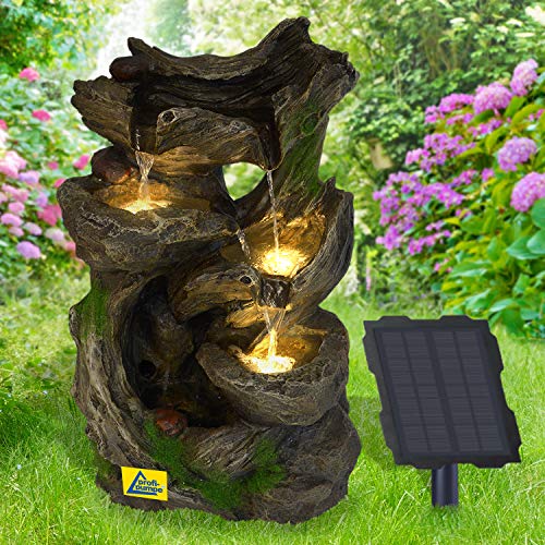 Solar Gartenbrunnen Brunnen Solarbrunnen MÄRCHENWALD mit LED-Licht, Zierbrunnen Wasserfall lichtgrau Gartenleuchte Teichpumpe für Terrasse, Balkon, mit Pumpen-instant-Start-Funktion mit Liion-Akku von AMUR