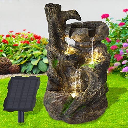 Solar Gartenbrunnen Brunnen Solarbrunnen Zierbrunnen Wasserfall Gartenleuchte Teichpumpe für Terrasse, Balkon, mit Pumpen, mit Liion-Akku & Led-Licht (BAUMWURZEL & Stein-Kaskade) von profi-pumpe.de