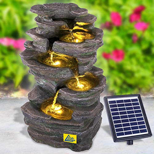 Solar Gartenbrunnen Brunnen Solarbrunnen Zierbrunnen Wasserfall Gartenleuchte Teichpumpe für Terrasse, Balkon, mit Pumpen, mit Liion-Akku & Led-Licht (KÖNIGS-FELS) von profi-pumpe.de