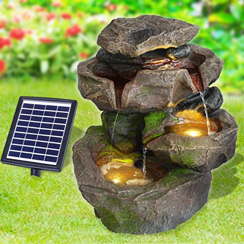 Solar Gartenbrunnen Brunnen Solarbrunnen Zierbrunnen Wasserfall Gartenleuchte Teichpumpe für Terrasse, Balkon, mit Pumpen, mit Liion-Akku & Led-Licht (Stein-Kaskade SCHWARZWALD) von AMUR