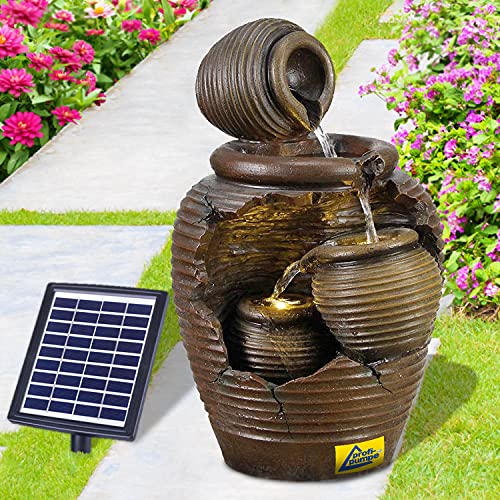 Solar Gartenbrunnen Brunnen Solarbrunnen Zierbrunnen Wasserfall Gartenleuchte Teichpumpe für Terrasse, Balkon, mit Pumpen-instant-Start-Funktion mit Liion-Akku & Led-Licht (4-AMPHOREN) von AMUR