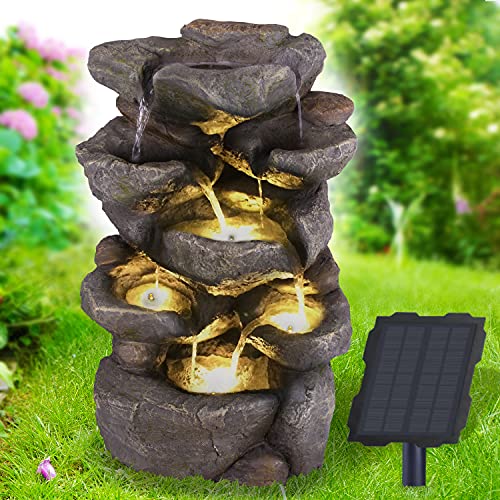 Solar Gartenbrunnen Brunnen Solarbrunnen Zierbrunnen Wasserfall Gartenleuchte Teichpumpe für Terrasse, Balkon, mit Pumpen-instant-Start-Funktion mit Liion-Akku & Led-Licht (FELS-ZAUBER) von AMUR