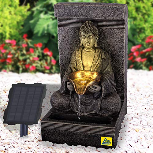 Solar Gartenbrunnen Brunnen Solarbrunnen Zierbrunnen Wasserfall Zen Ruhe-Quelle lichtgrau Gartenleuchte Teichpumpe für Terrasse, Balkon, mit Pumpen-instant-Start-Funktion mit Liion-Akku & Led-Licht von AMUR