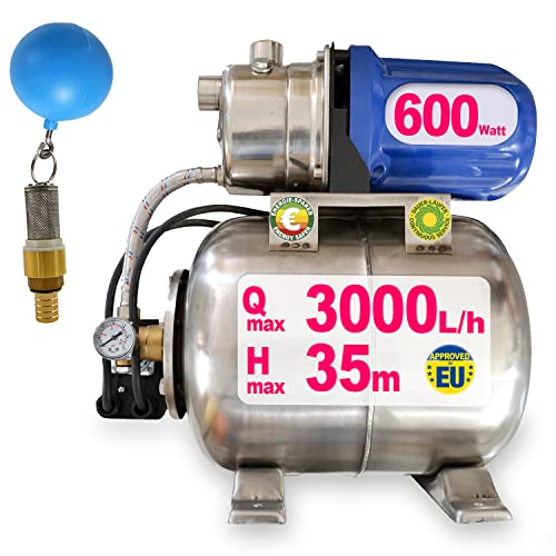 ZISTERNENPUMPE REGENWASSERPUMPE ZISTERNE-DRUCKPUMPE f. REGENWASSER "JETPUMPE SS-600-3" MIT EDELSTAHL-DRUCKKESSEL WASSERPUMPE FÜR ZISTERNE REGENTANK REGENWASSERTANK ERDTANK ENERGIEEFFIZIENT von AMUR
