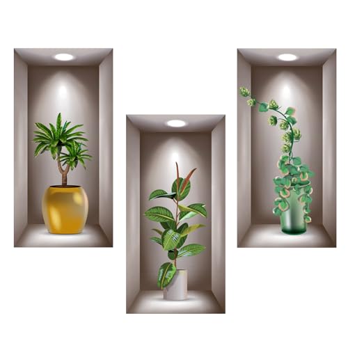 3D Wandtattoo Wohnzimmer Vasen, 3 Pcs Vasen Wandtattoo für Wohnzimmer 3D Grüne Pflanzen Wandaufkleber Selbstklebend Flasche Wandbilder für Schlafzimmer Büro Küche 20×40CM von prota