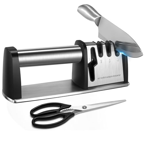 Messerschärfer mit Edelstahlfuß und -griff, 4 in 1 der Multifunktionsschärfer für Messer und Scheren, ergonomisch und effizient, Knife Sharpener von puandwu