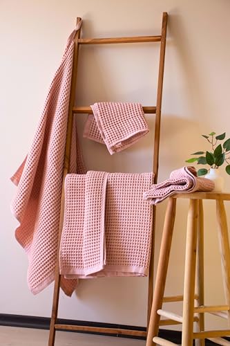 PÜSKÜL - Premium Waffelhandtuch-Set, 4-teilig, Rosa, Bio-Baumwolle, 100 % türkische Baumwolle, schnelltrocknende Handtücher für Badezimmer, hergestellt in der Türkei (rosa Pulver, Handtuch-Set - 2 von püskül www.puskul.com.tr