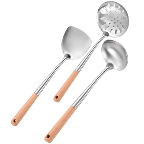 Küchenutensilien-Set aus Edelstahl, Wokspatel, Suppenkelle, Sieb, Holzgriff, Kochutensilien, Wok, Suppenkelle, Sieb, 3-teilig Küchenutensilien-Set aus Edelstahl, Wokspatel, Suppenkelle, Sieb, Holzgriff, Kochutensilien, Wok, Suppenkelle, Sieb, 3-teilig von pumpumlia