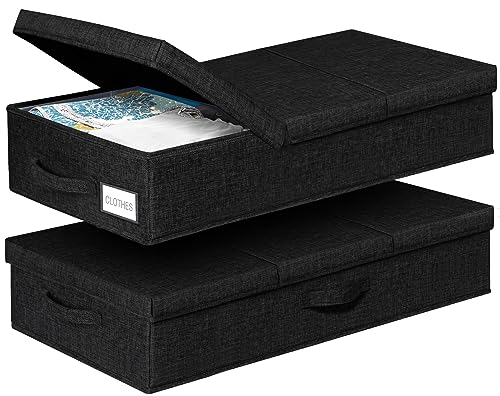 punemi Unterbett-Aufbewahrungsbehälter, niedriges Profil, Unterbett-Aufbewahrungsbox mit Deckel, groß, stabil, Kleiderschublade, Organizer für Schlafsaal, Couch, Schrank, Keller, Schwarz, 2er-Set von punemi