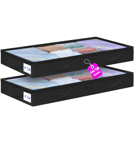 punemi Unterbettkommode, 10,2 cm, 2 Stück, Unterbett-Aufbewahrungsbehälter mit Deckel, faltbare, stabile Kleideraufbewahrung, Schubladen-Organizer mit 3 Griffen, ultradicker von punemi