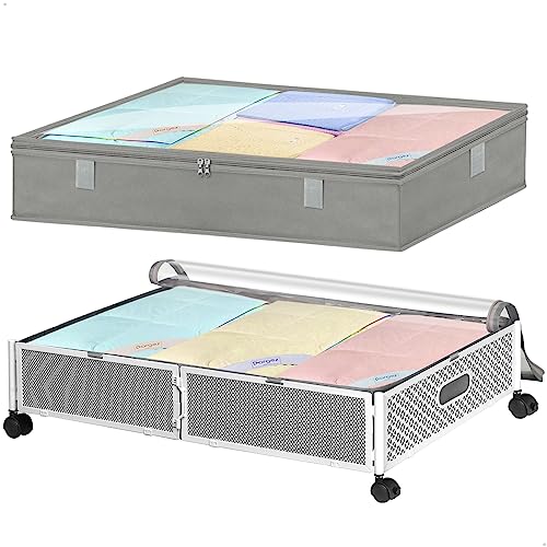 punemi Unterbettkommode mit Rädern und Deckel und abnehmbaren Taschen, 1 x rollbarer Unterbett-Stauraum und Griff, Metall-Unterbett-Aufbewahrungsbehälter für Kleidung, Spielzeug, Decken, Schlafzimmer, von punemi