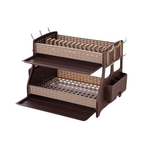 Geschirrabtropfgestell 2-stöckig – Abtropfgestell mit modernem Hasir-Design, BPA-freiem Kunststoff, mit Besteckkorb, 6 Haken & 2 Abtropfschalen – 50 x 30 x 34 cm (Braun/Beige) von punkto.