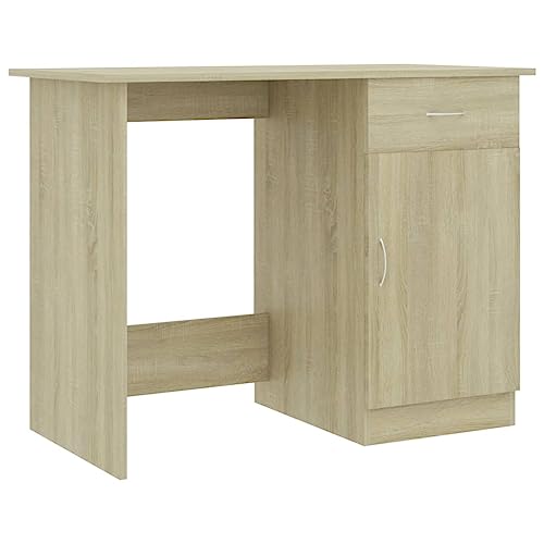 puraday Arbeitszimmer Schreibtisch Sonoma-Eiche 100x50x76 cm Holzwerkstoff Computertisch mit Integrierter Schublade und Tür Schlafsäle Multifunktionstisch Häuser mit Begrenztem Platzangebot von puraday