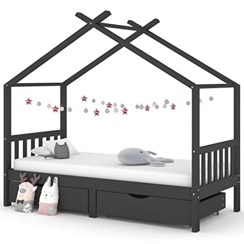 puraday Kinderbett mit Schubladen Dunkelgrau Massivholz Kiefer Hausbett 90x200cm Bett Kinder Hausbett Deko Toddler Bed Holzbett für Kinder Baumhaus Design Kann Vorhänge Hängen Elegant und Praktisch von puraday