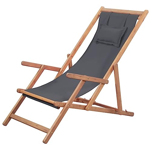 puraday Klappbarer Strandstuhl Stoff und Holzrahmen Grau 60x127x95 cm Klappstuhl Camping Gartenstuhl Klappbar Sonnenliege Holz Holzliegestuhl Balkon Liegestuhl Bequem Und Langlebig von puraday