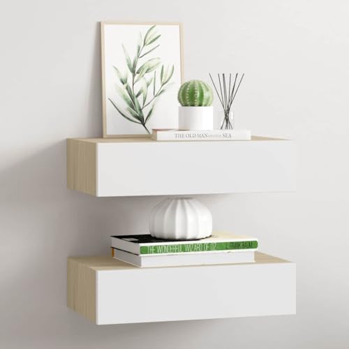 puraday Lagerregal Hängeschrank Wandregal mit Schubladen Schweberegal 2 STK. Elegantes und Modernes Design Eiche und Weiß 40x23,5x10 cm von puraday
