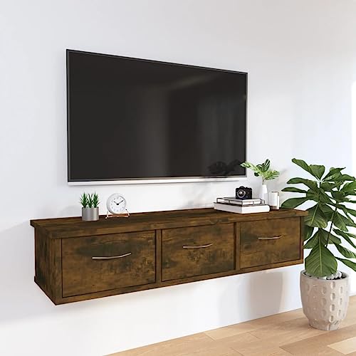 puraday Lagerregal Hängeschrank Wandregal mit Schubladen Schweberegal aus Holzwerkstoff Elegantes und Modernes Design Räuchereiche 88x26x18,5 cm von puraday