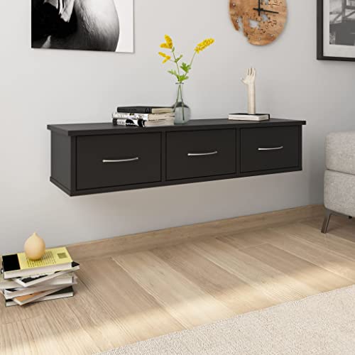 puraday Lagerregal Hängeschrank Wandregal mit Schubladen Schweberegal aus Holzwerkstoff Elegantes und Modernes Design Schwarz 88x26x18,5 cm von puraday