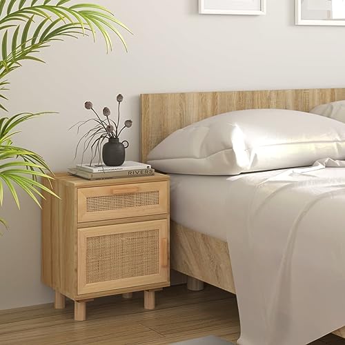 puraday Nachttisch Braun Massivholz Kiefer und Natur-Rattan Nachttisch mit Schublade Nachttisch Modern Komodenschrank Beistelltisch Nightstand Nachttisch Holz Schlafzimmer Möbel Kommode Schubladen von puraday