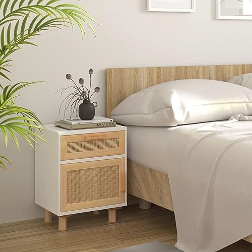 puraday Nachttisch Weiß Massivholz Kiefer und Natur-Rattan Kommode Schubladen Nachttisch mit Schublade Nachttisch Modern Komodenschrank Beistelltisch Nightstand Nachttisch Holz Schlafzimmer Möbel von puraday