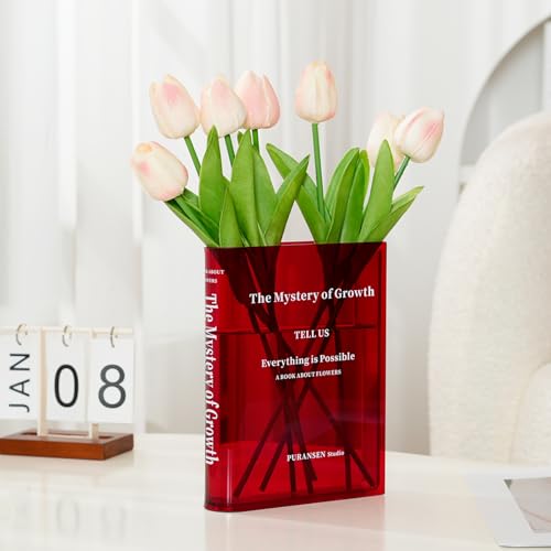 Puransen Buchblumen-Vase, niedliche Bücherregal-Dekoration, für Buchliebhaber, künstlerischer und kultureller Geschmack, Acrylvasen für Heimbüro-Dekor, A Book About Flowers (transparentes Rot) von Puransen
