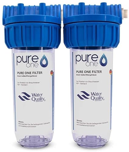 PureOne Doppel Filtergehäuse - Leergehäuse 10 Zoll mit 1", 3/4" oder 1/2" IG Anschluß. Brunnenwasser, Zisterne, Hauswasserwerk. Inkl. Doppelnippel und Teflonband zum Anschluss weiterer Filterstufen von pure one