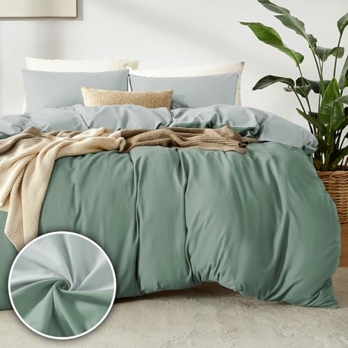 puredown Bettbezüge 135x200cm + 1er Kissenbazug 40x80cm - Mikrofaser Atmungsaktive Superweich, Oeko-Tex Bettwäsche-Sets, 2 teilig, Sommergrün-Mondlichtgrau von puredown