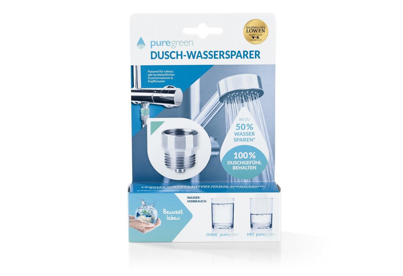 puregreen Duscharmatur Wasser sparen Dusche Energie sparen zuhause (Die Höhle der Löwen) Puregreen Wassersparer für die Dusche ehem. bluegreen von puregreen